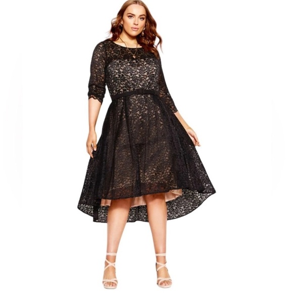 City Chic Womens Plus Size 20 Black Lace Lover Hi Low Midi Belt Dress NWT A-Line - Picture 2 of 12